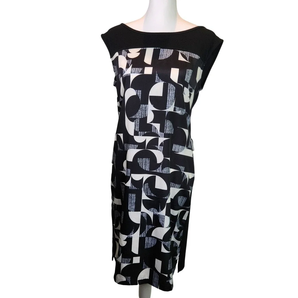Ann Taylor Shift Dress Womens Small Black‎ White Geometric Sleeveless Office